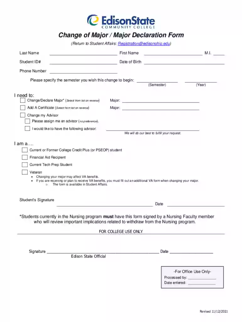 Change of Major / Major Declaration Form - Edison State Community College Preview on Page 1