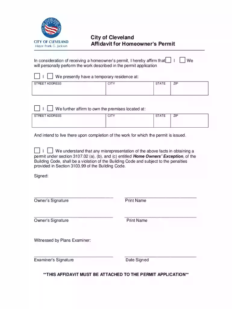 Affidavit for Home Owner's PermitCity of Cleveland Preview on Page 1