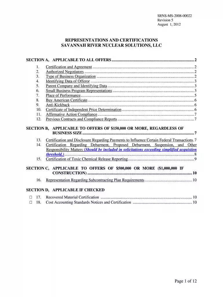 Representations & Certifications SRNS-MS-2008-00022 - srs Preview on Page 1