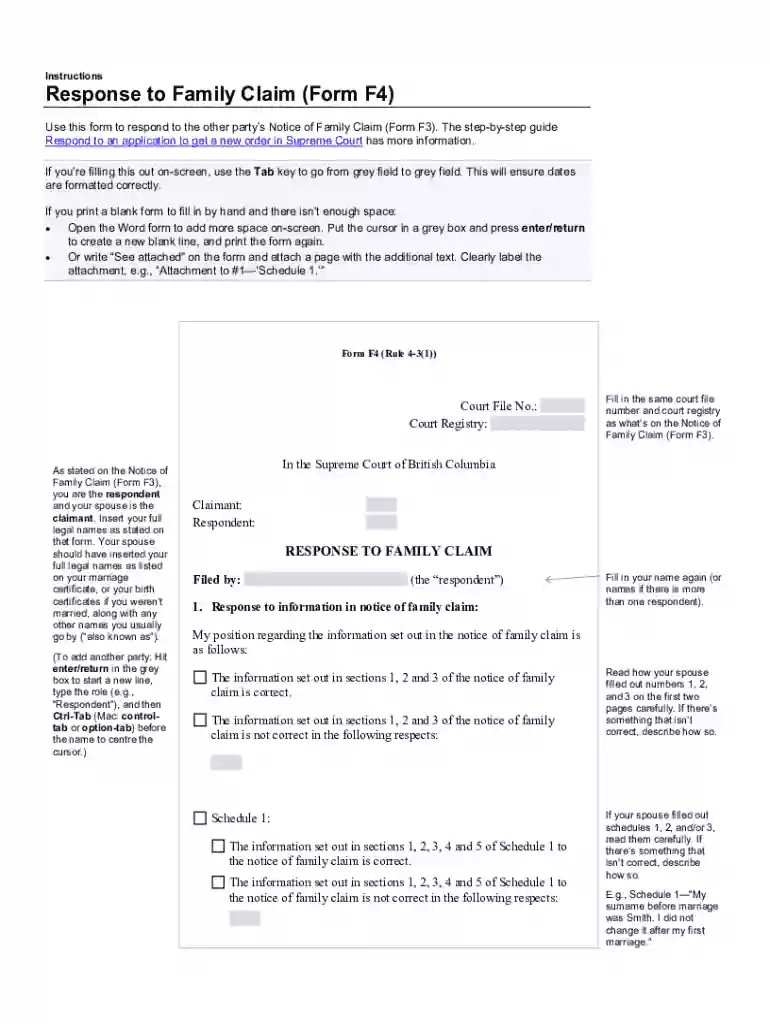 Response to Family Claim (Form F4) instructions Preview on Page 1