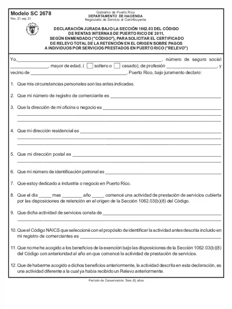 Puerto Rico Tax Retention Relief Form Preview on Page 1