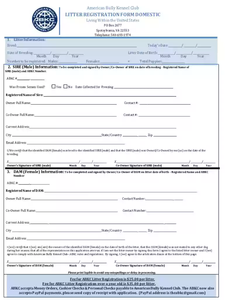abkc litter registration form Preview on Page 1