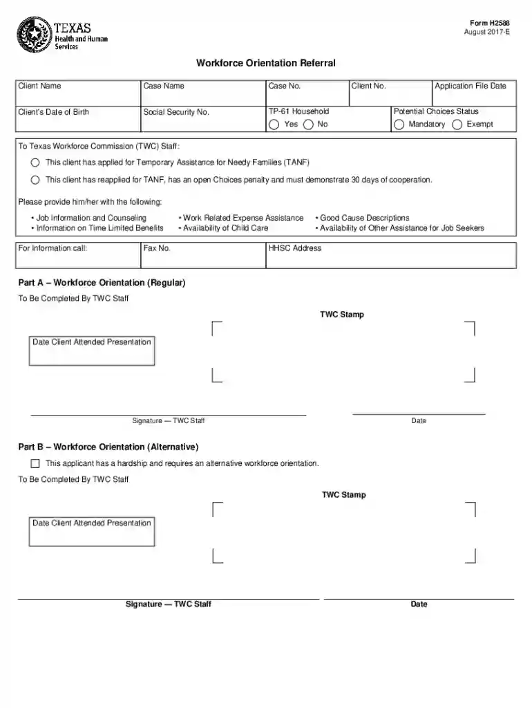 Form H2588, Workforce Orientation Referral Form H2588, Workforce Orientation Referral Preview on Page 1