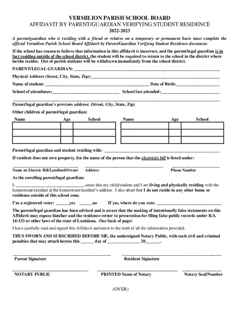 Affidavit Verifying Residence - Vermilion Parish Schools - Fill and Preview on Page 1