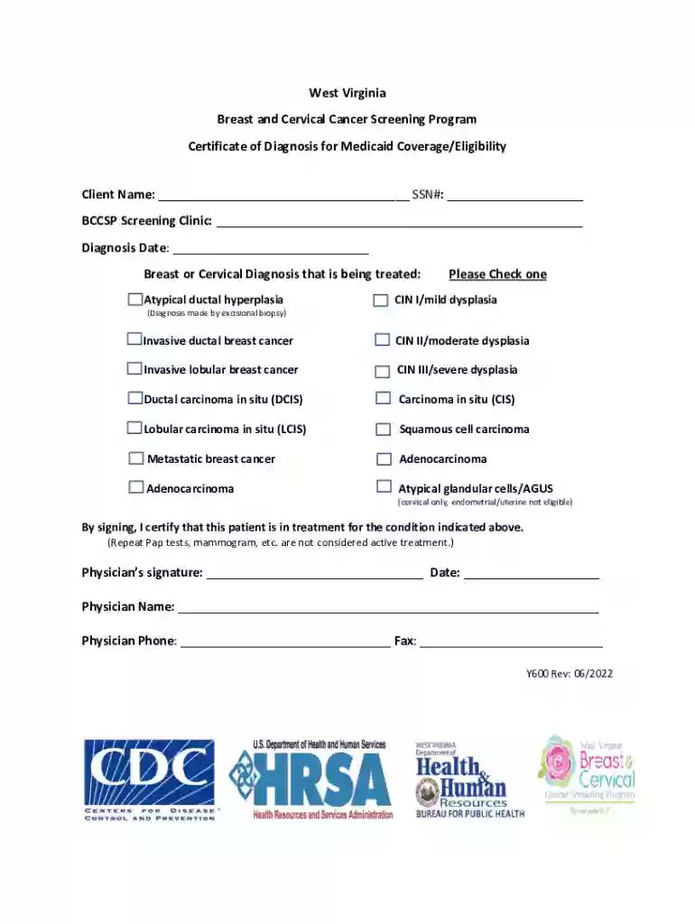 West Virginia Breast and Cervical Cancer Screening Program Certificate Preview on Page 1