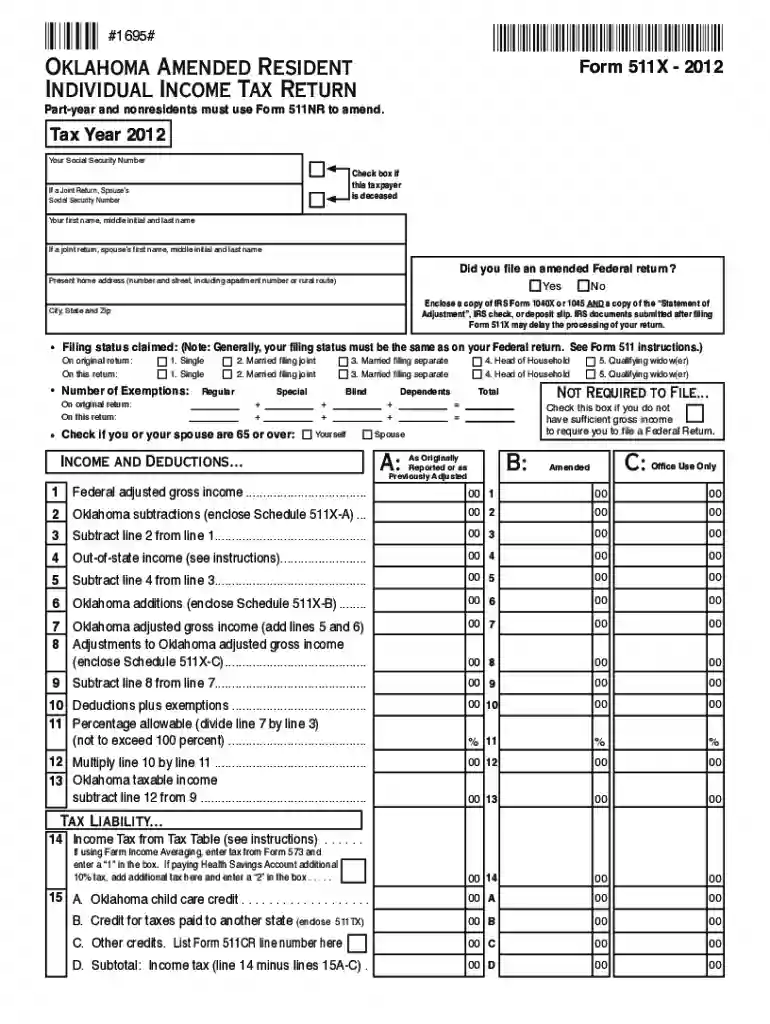 Oklahoma Amended Tax Return Form - Fill and Sign Printable Template Preview on Page 1