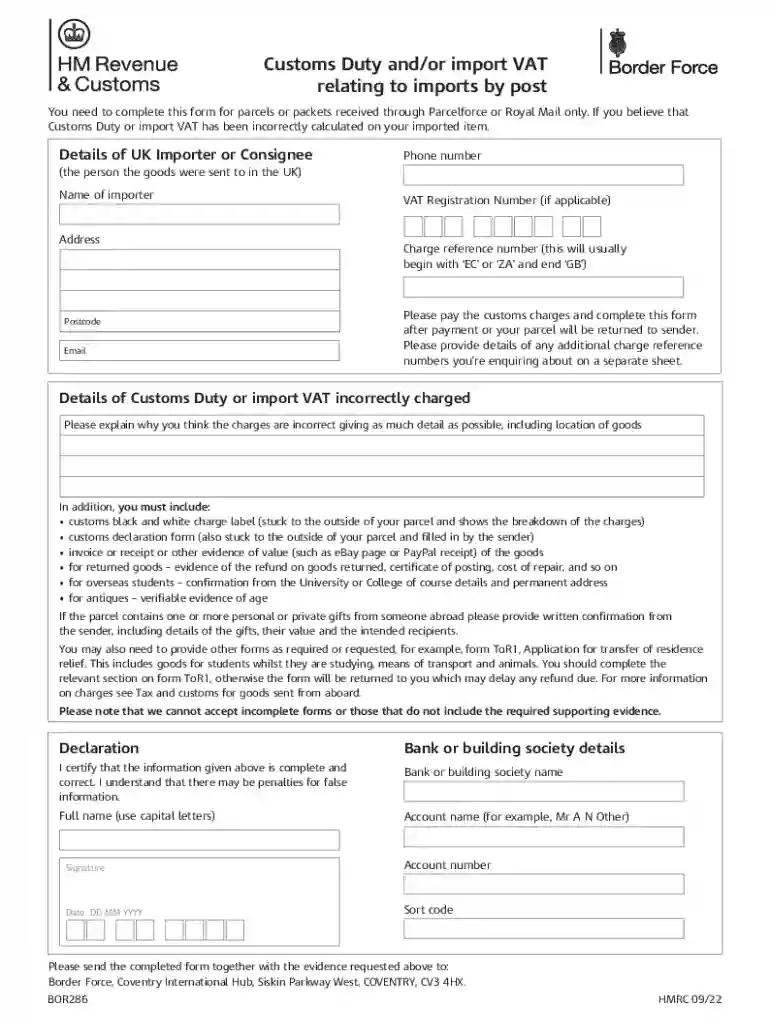 Report incorrect Customs Duty or VAT on items imported by post (BOR286 Preview on Page 1