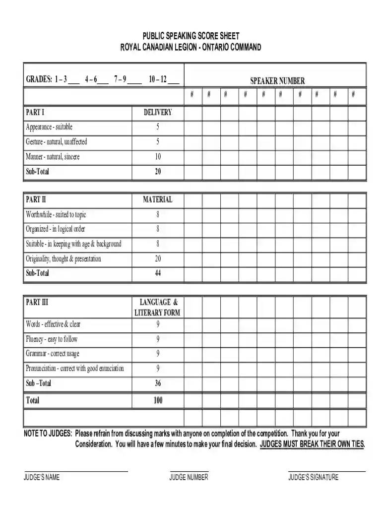 legion public speaking score sheet Preview on Page 1