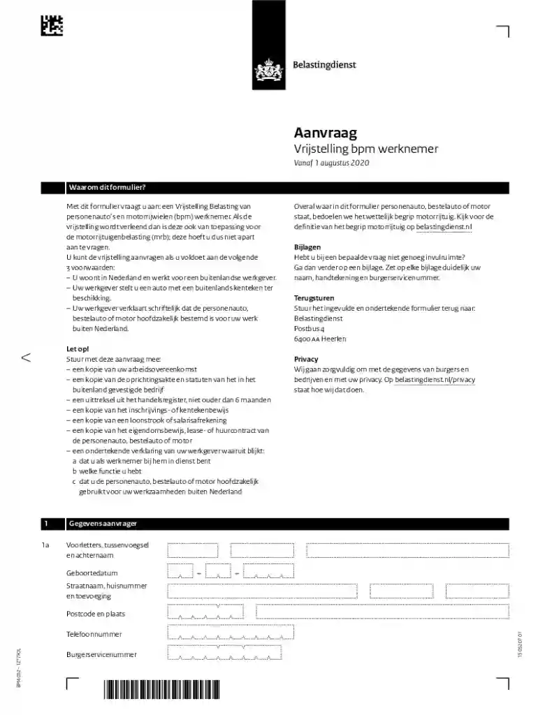 download belastingdienst nlbelastingdienstdocsAanvraag Vergunning vrijstelling bpm werknemer - Vanaf Preview on Page 1