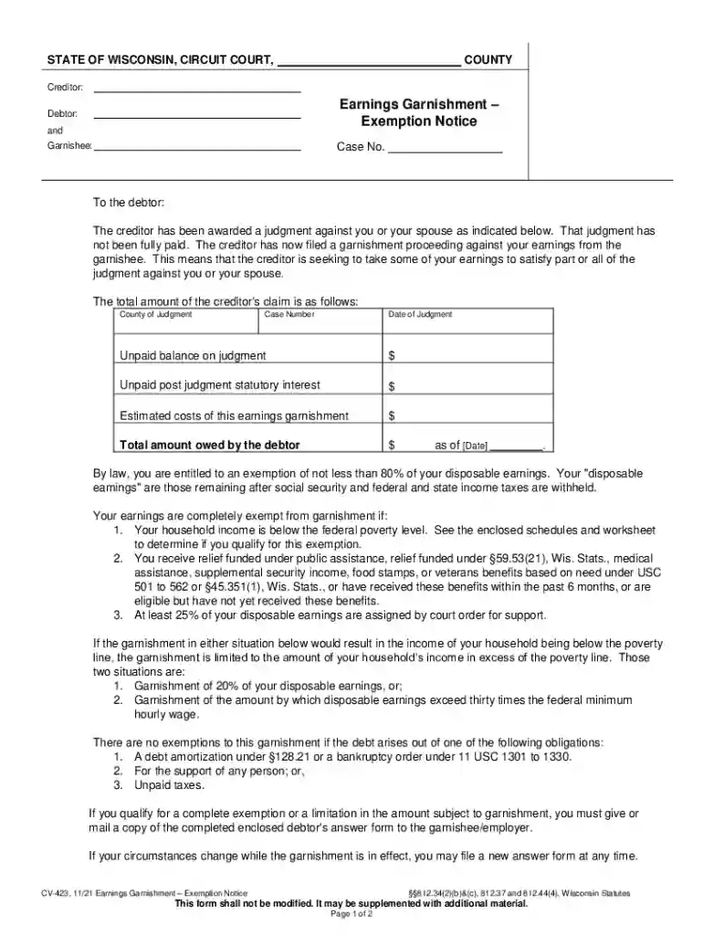 wisconsin wage garnishment pdffiller Preview on Page 1