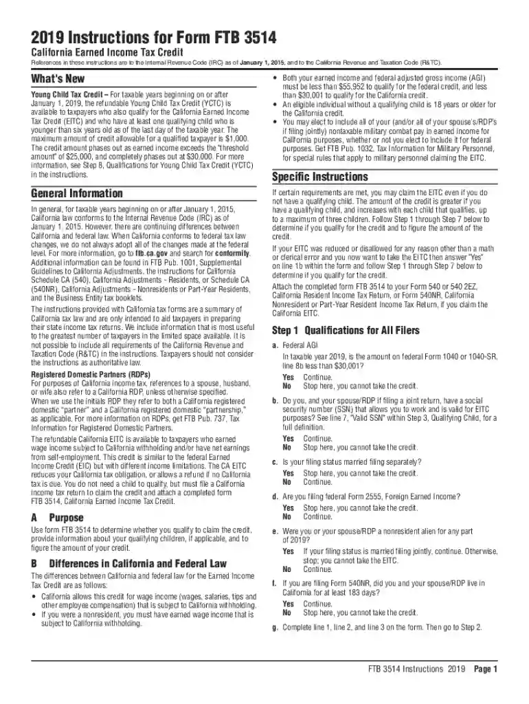 California Form 3514 (California Earned Income Tax Credit2019 Instructions for Form FTB 3514FTB ca 2 Preview on Page 1