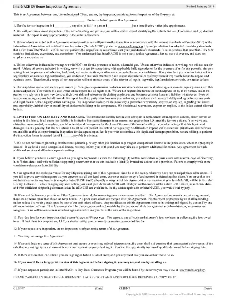 InterNACHI-Home-Inspection-Agreement-rev'd-Feb-2019 docx Preview on Page 1