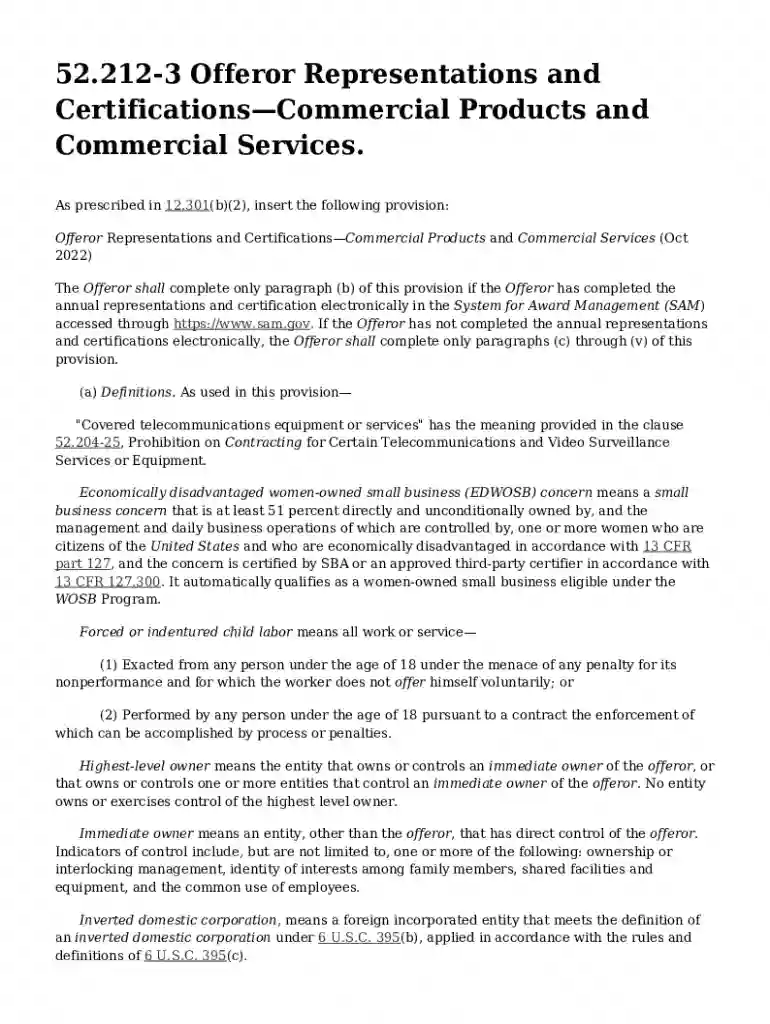 52 212-3 Offeror Representations and CertificationsCommercial Products and Commercial Services Preview on Page 1