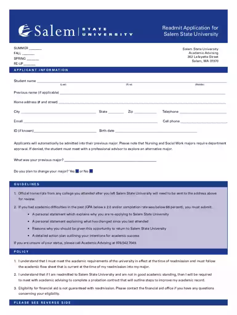 Readmit Application for Salem State University Preview on Page 1