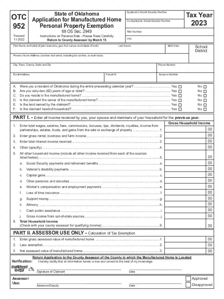 2023 Form 952 Application for Manufactured Home Personal Property Exemption Preview on Page 1
