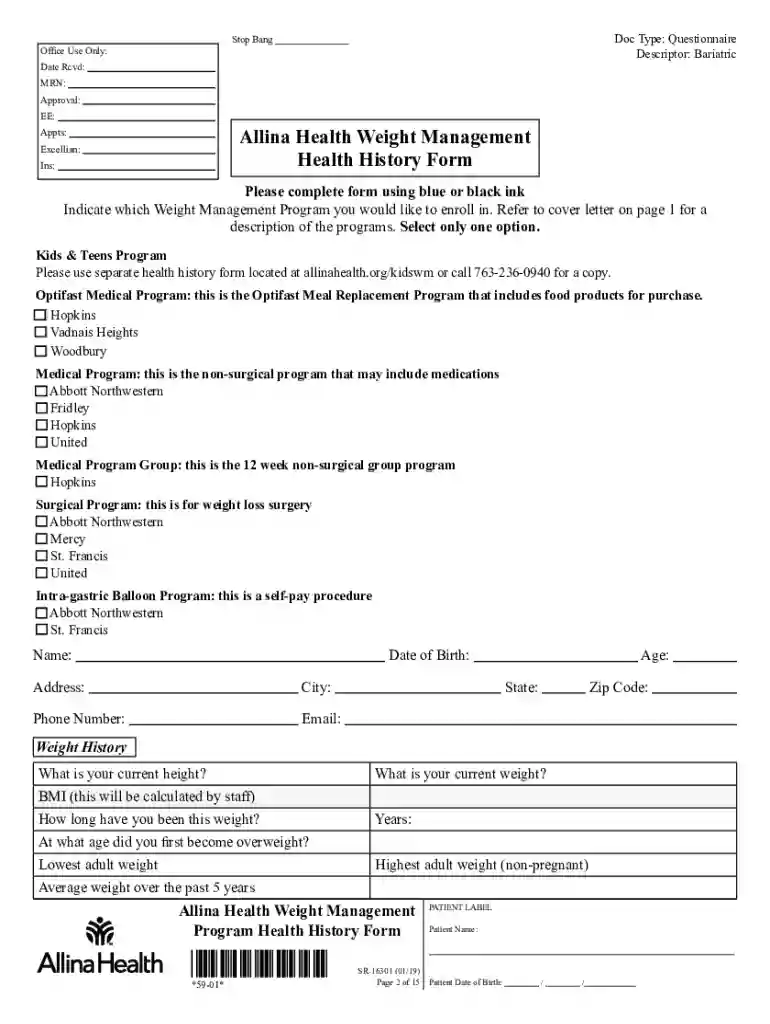 Fillable Allina Health Weight Management (Allina Health) Preview on Page 1