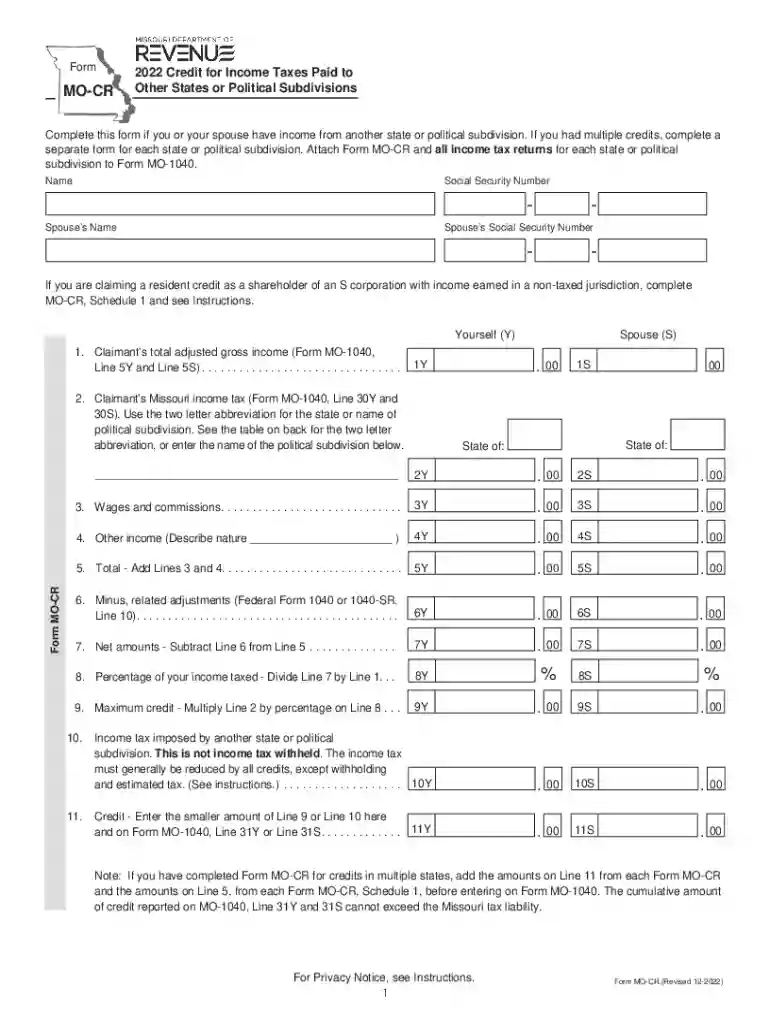 Form MO-CR - 2022 Credit for Income Taxes Paid to Other States or Political Subdivisions Preview on Page 1