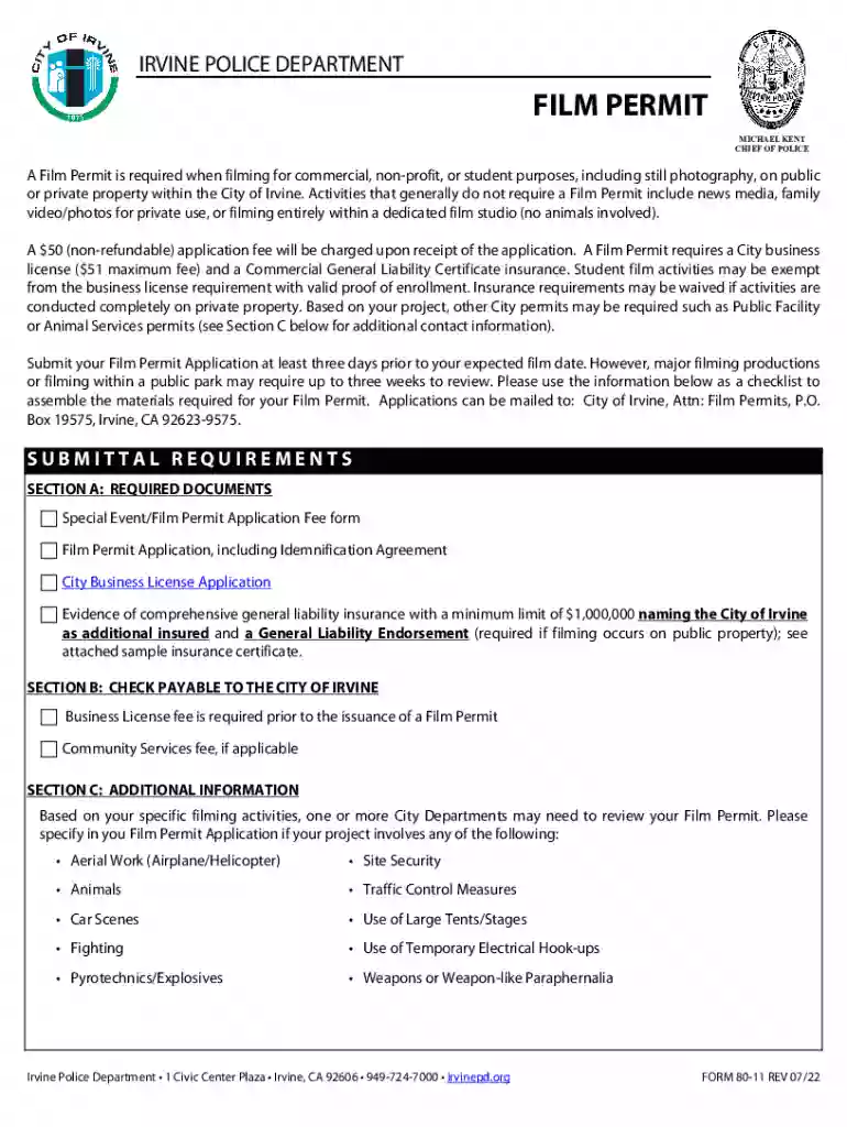 legacy.cityofirvine.orgcivicafilebankIRVINE POLICE DEPARTMENT FILM PERMIT - City of Irvine Preview on Page 1
