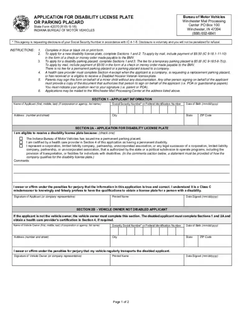 indiana disability license plate form Preview on Page 1