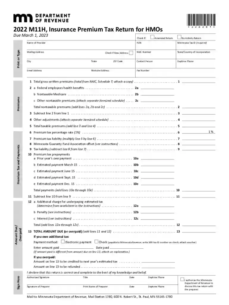 2022 M11H, Insurance Premium Tax Return for HMOs. 2022 M11H, Insurance Premium Tax Return for HMOs Preview on Page 1
