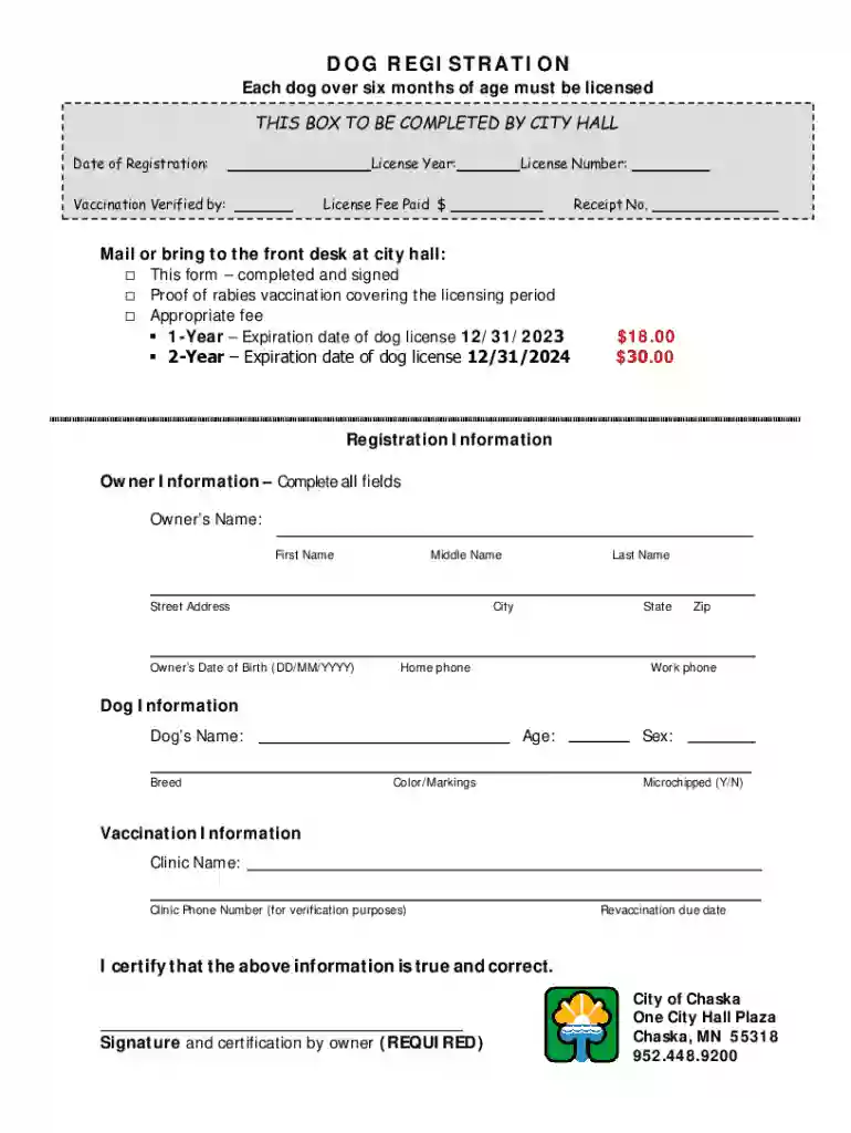Dog Registration Form PDFChaska, MN Preview on Page 1