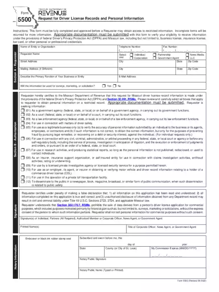 5500 - Request for Driver License Records and Personal Infomation Preview on Page 1