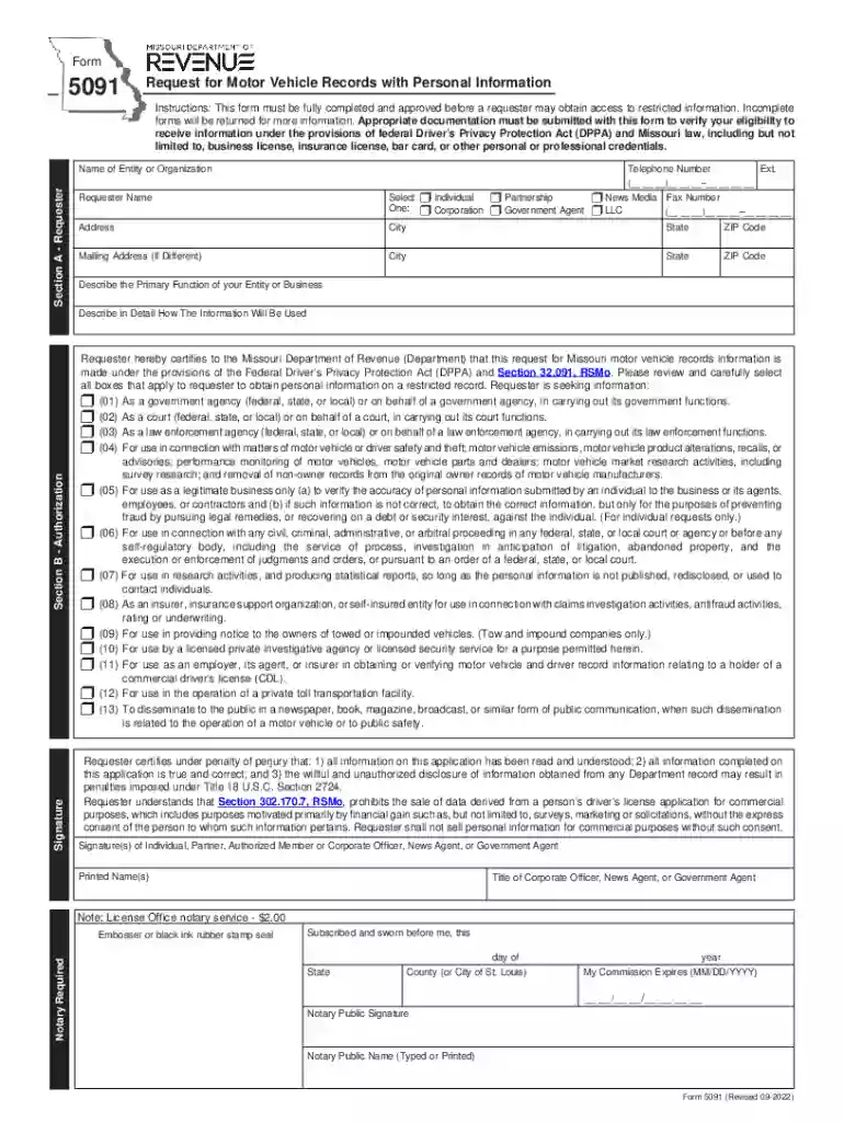 dor.mo.govforms5091Request for Motor Vehicle Records with Personal Information Preview on Page 1