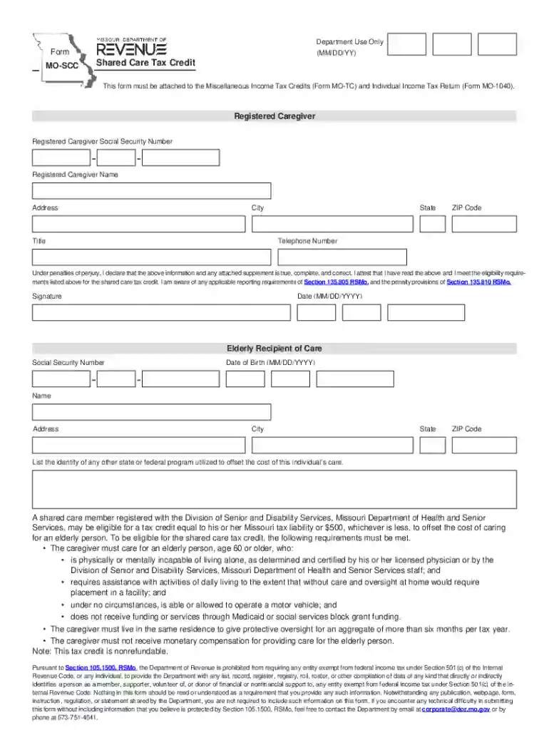 Missouri Form MO-SCC (Shared Care Tax Credit) - TaxFormFinder Preview on Page 1