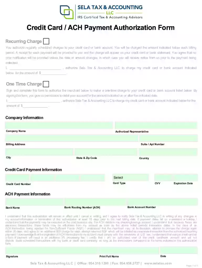 Free Credit Card ACH Payment Authorization Forms - PDFWord Preview on Page 1