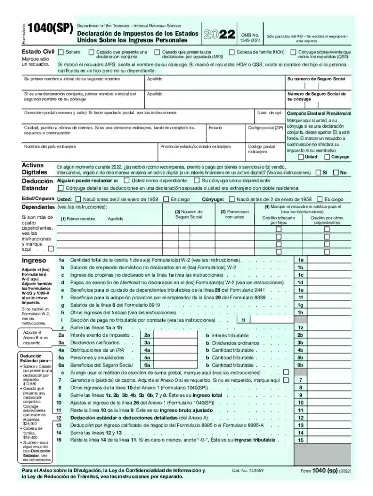 2022 Form 1040 (SP) U S Individual Income Tax Return (Spanish Version) Preview on Page 1