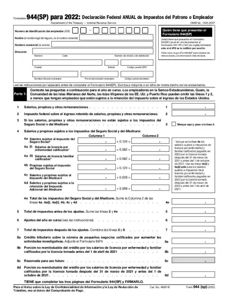 Formulario 944(SP) para 2022: Declaraci n Federal ANUAL de Impuestos del Patrono o Empleador Preview on Page 1