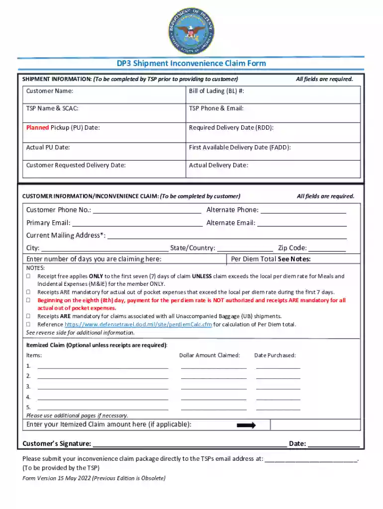 Dp3 Shipment Inconvenience Claim Form - Fill Online, Printable Preview on Page 1