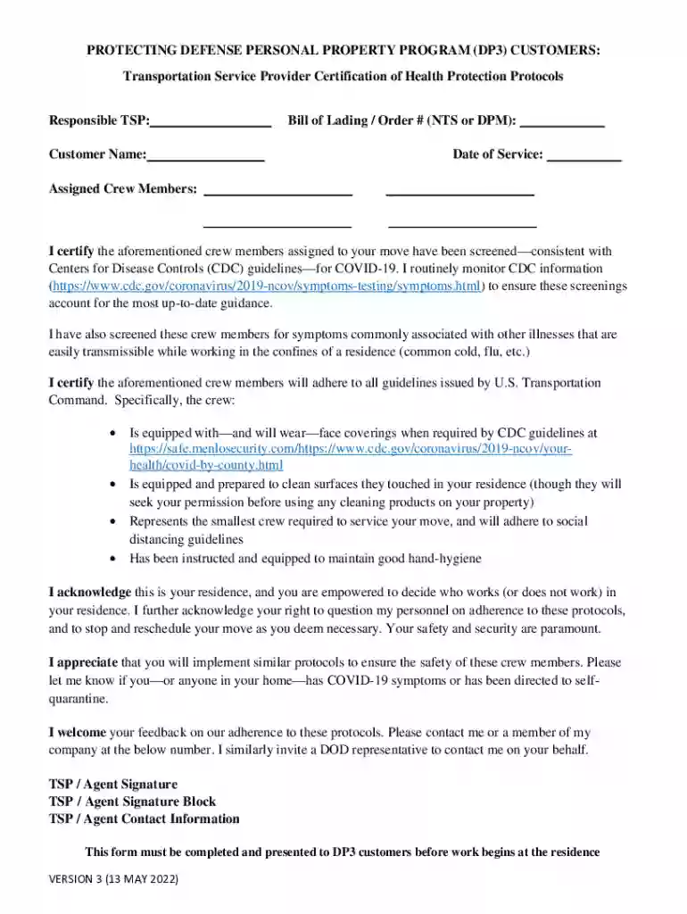 TSP DP3 Certification of Health Protection Protocols Preview on Page 1
