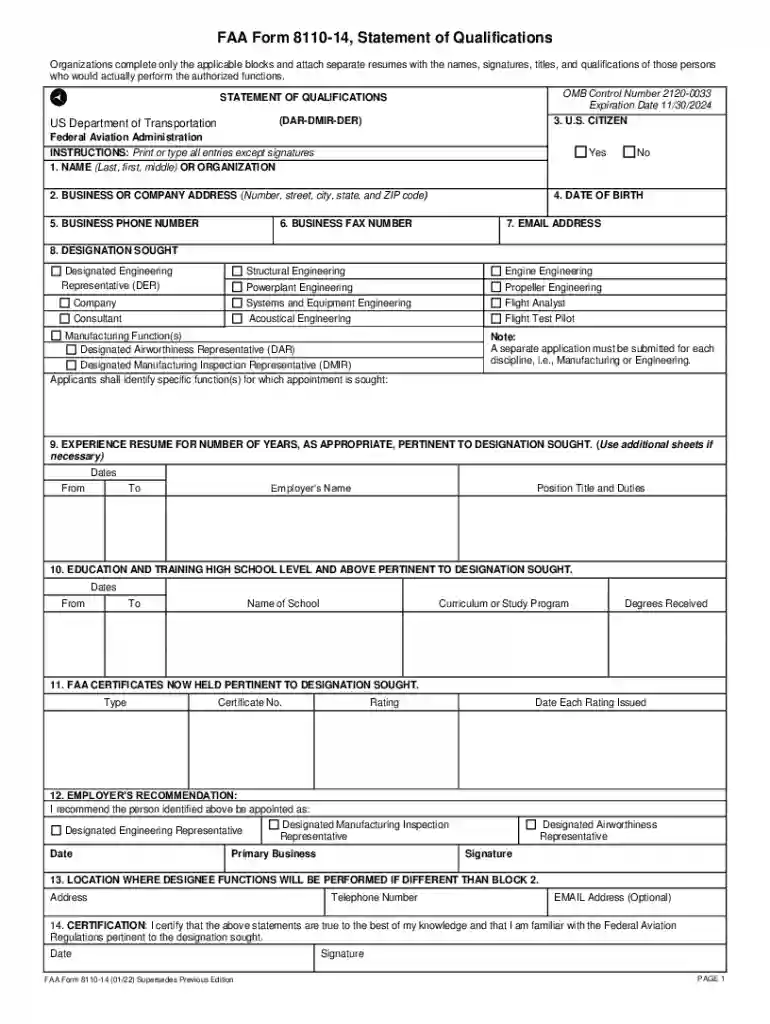 FAA Form 8110-14, Statement of Qualifications (DAR-DMIR Preview on Page 1