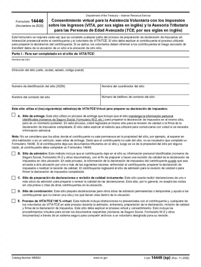 Form 14446 Department of the Treasury - Internal RevenueForm 14446 Department of the Treasury - Internal Revenue14446 Consentimiento virtual para la Asistencia Voluntaria Preview on Page 1