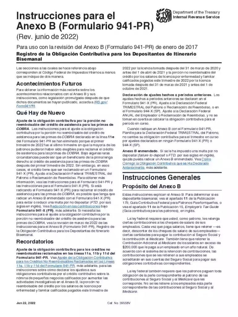 Instrucciones para el Anexo B (Formulario 941-PR) (Rev. Junio 2022). Instrucciones para el Anexo B (Formulario 941-PR), Registro de la Obligacin Contributiva para los Depositantes de Itinerario Bisemanal Preview on Page 1