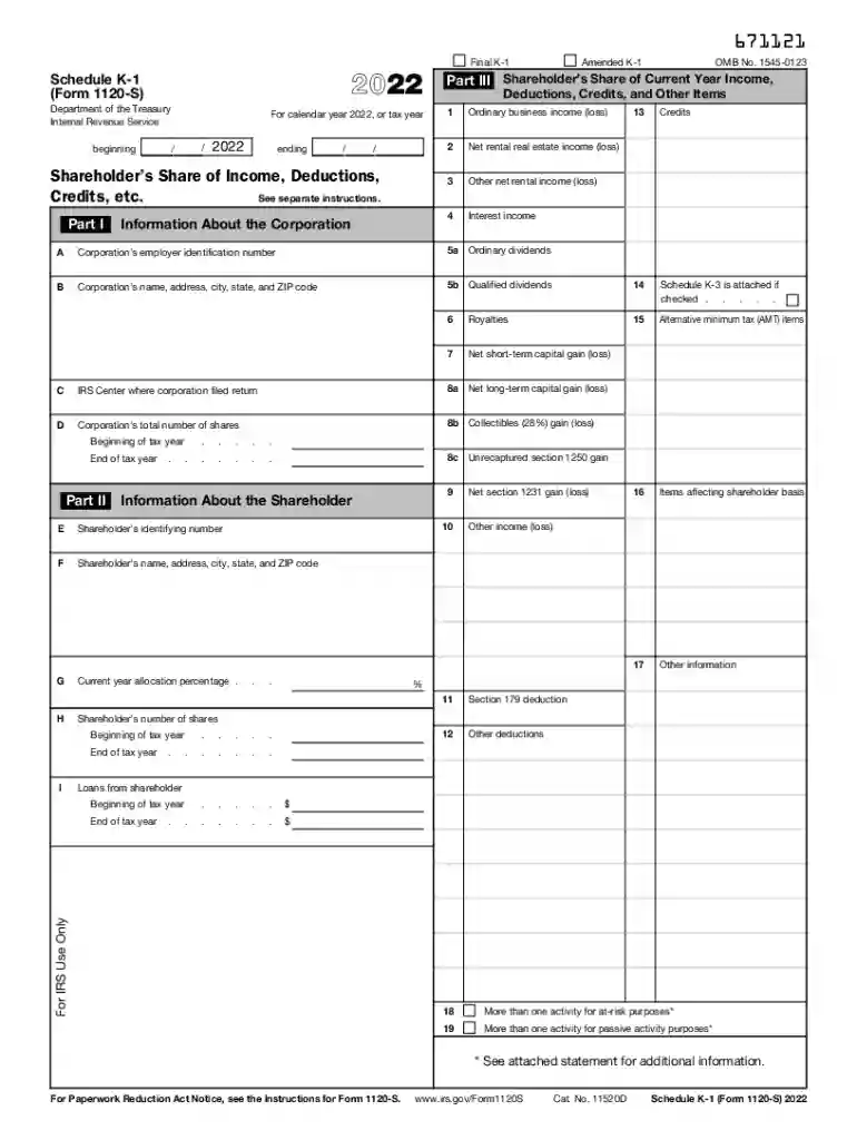 2022 schedule k 1 1120s Preview on Page 1