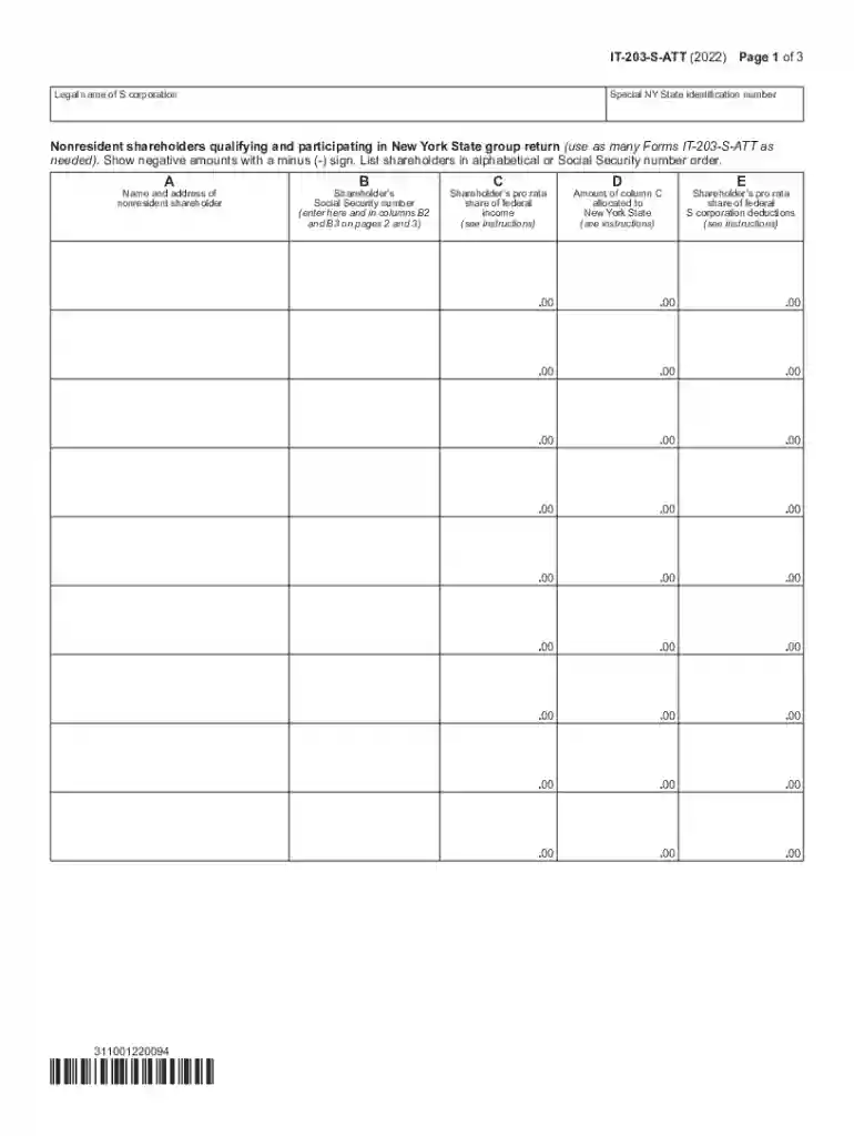 Form IT-203-S-ATT Attachment to Form IT-203-S Tax Year 2022 Preview on Page 1