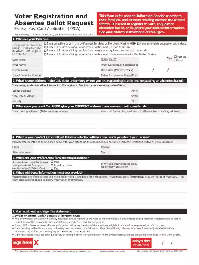 Standard Form 76, "Federal Post Card Application (FPCA)" Preview on Page 1