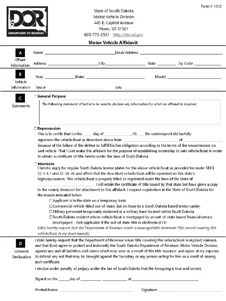 south dakota affidavit form Preview on Page 1