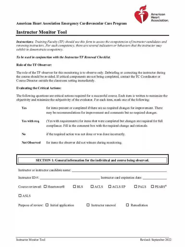 aha instructor monitoring form Preview on Page 1