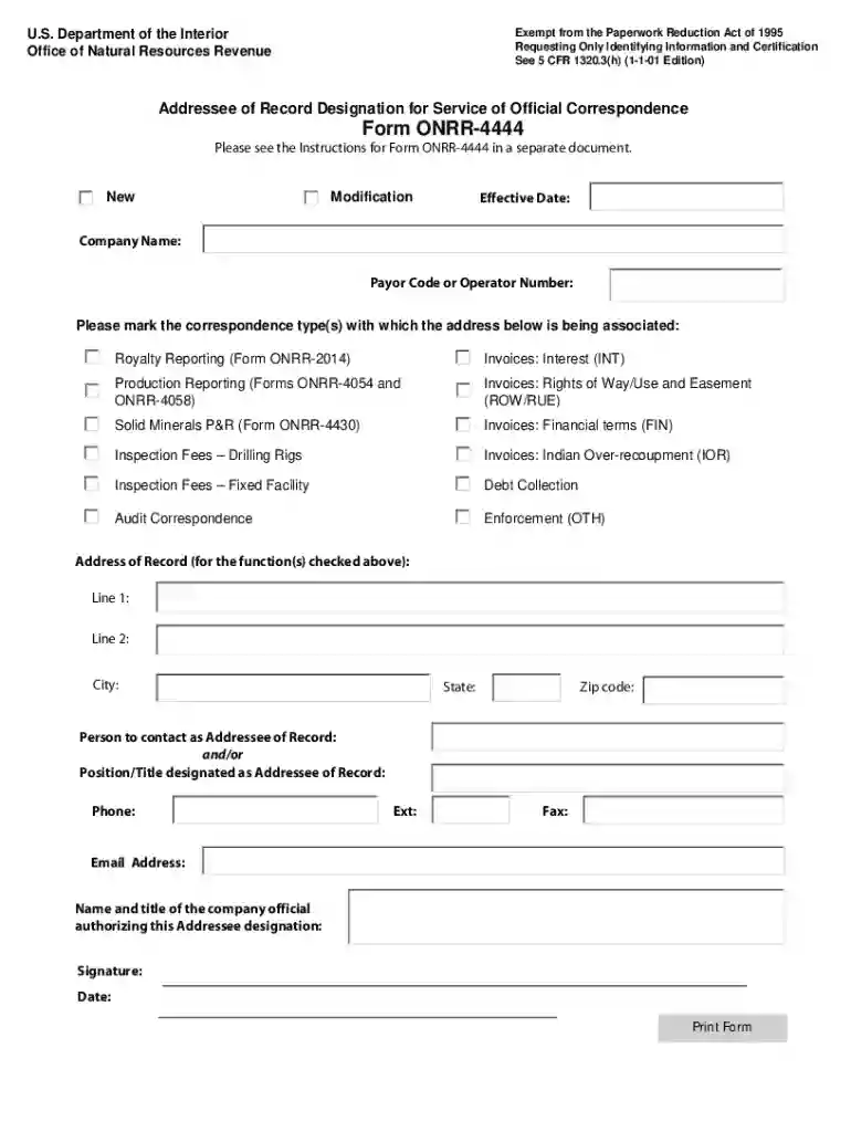 Form ONRR-4444, Addressee of Record Designation fro Service of Preview on Page 1