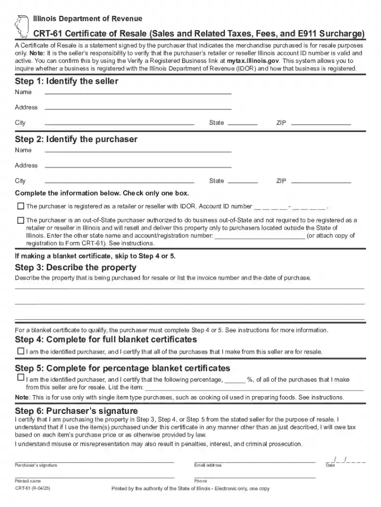 Illinois CRT-61 Certificate of Resale Preview on Page 1