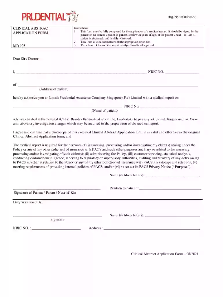 clinical abstract application form md 105 - Prudential Singapore Preview on Page 1