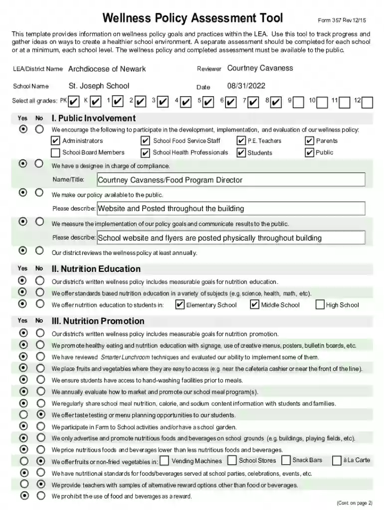 wellness policy assessment tool form 357 Preview on Page 1