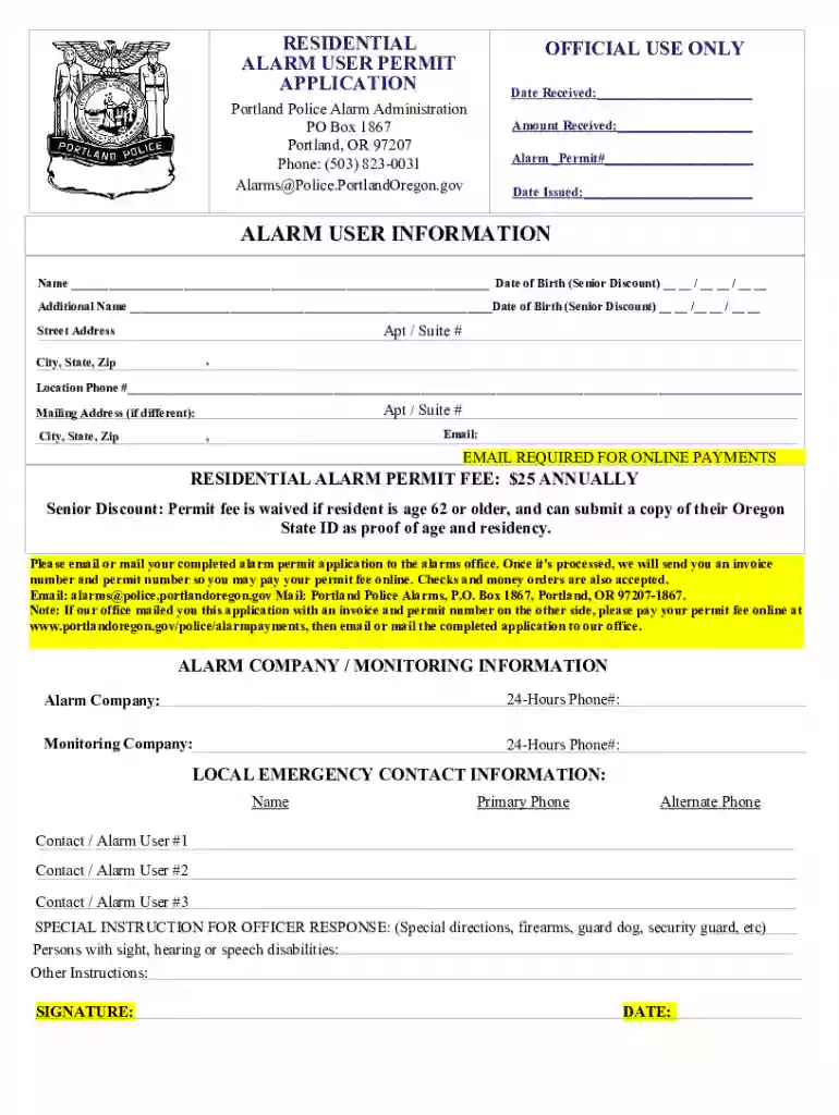 residential alarm user permit application Preview on Page 1