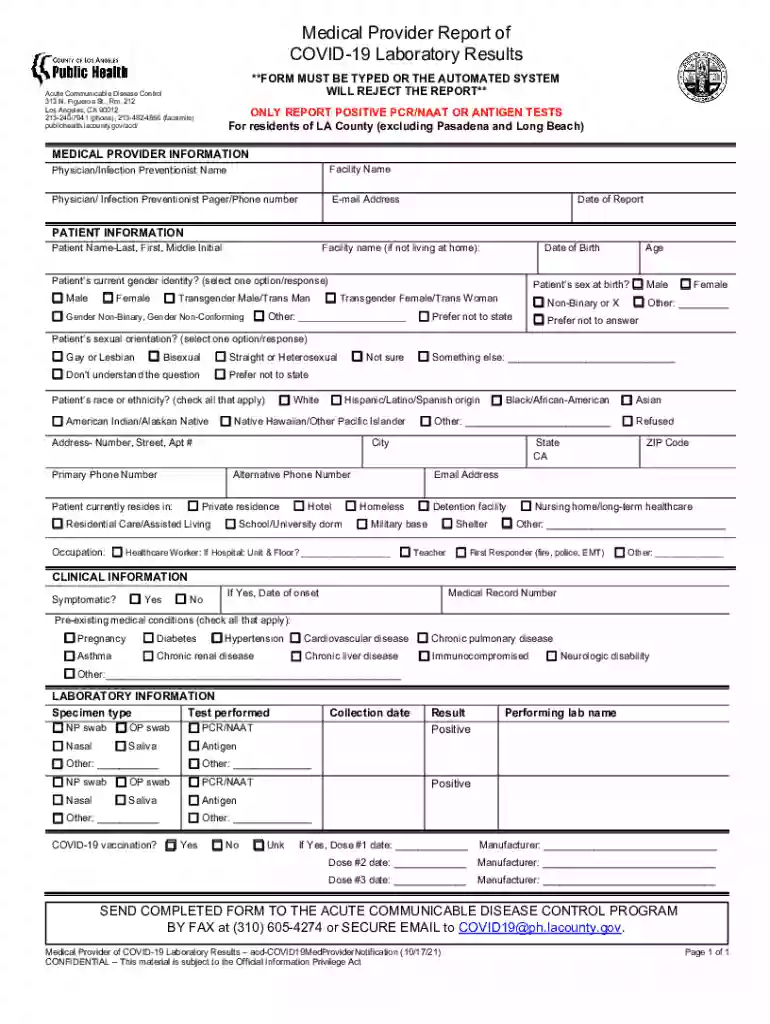Fillable COVID-19 Laboratory Results Medical Provider Report of (County Preview on Page 1