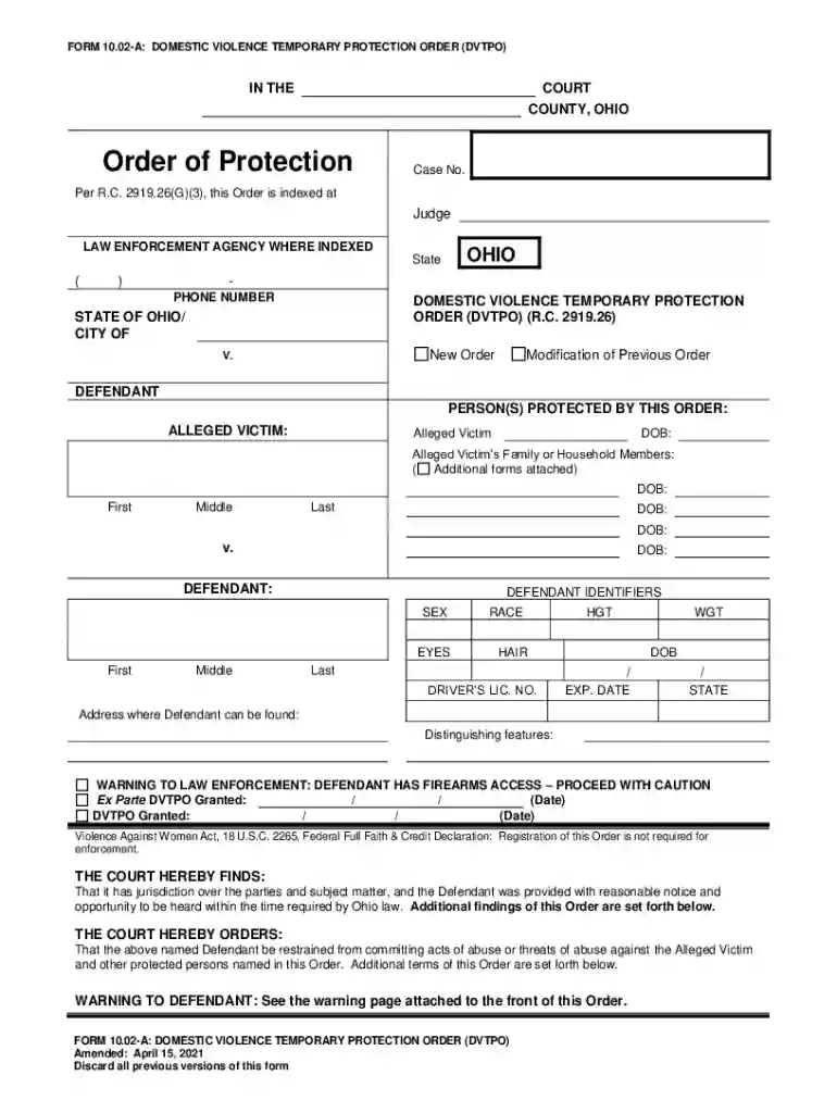 Form 10.02-A: Domestic Violence Temporary Protection Order (DVTPO) Preview on Page 1