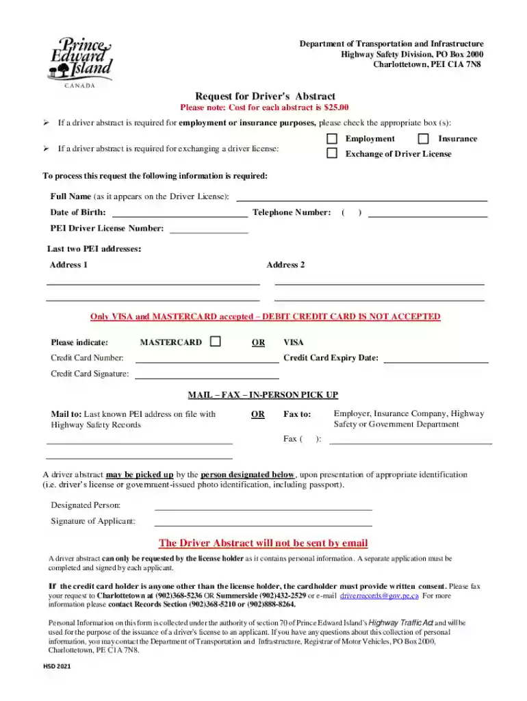 PEI Driver's Abstract Request Form Preview on Page 1