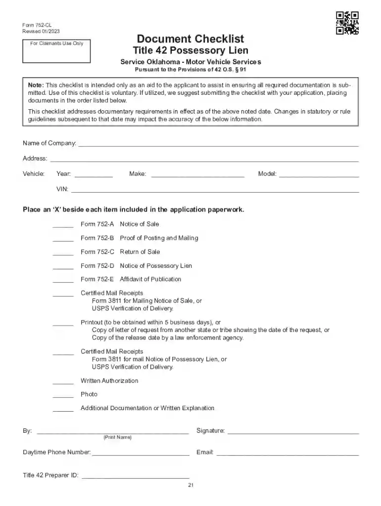 Packet 752 Title 42 Possessory Lien Procedures on Vehicles, Manufactured Homes, Commercial Trailers, Boat and Outboard Motors Packet & Instructions Preview on Page 1